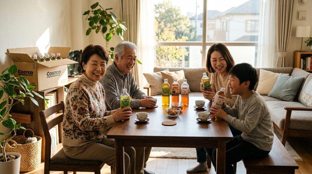 コストコのお茶を家族で楽しむ日本の家庭の様子