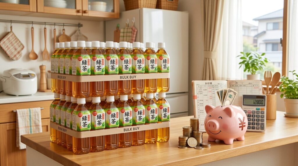 お茶のまとめ買いによる節約効果のイメージ