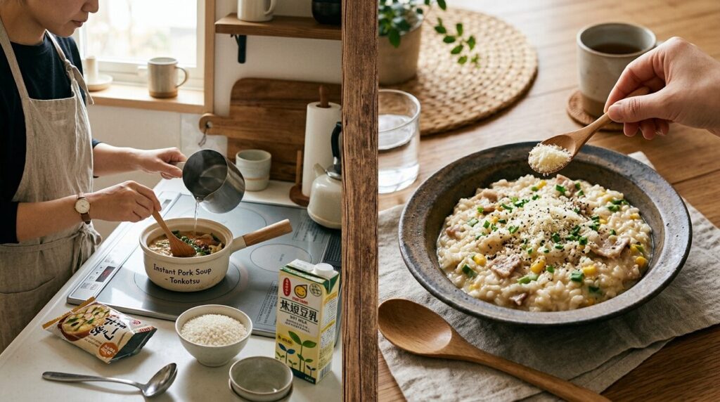 インスタント豚汁から作る和風リゾット、豆乳とチーズでアレンジした創作料理