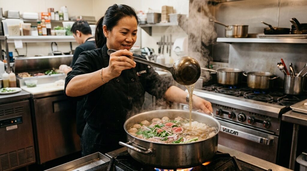 フォーのスープに肉の茹で汁を注いで旨味を加える調理テクニックの実演
