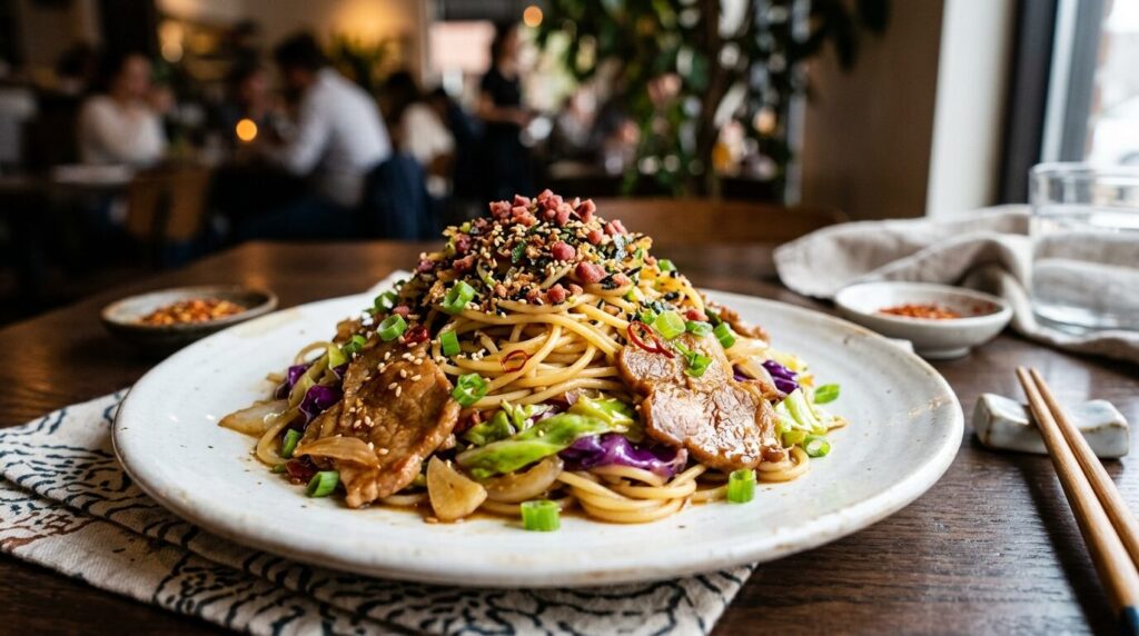 カリカリ梅ふりかけを使った豚肉と野菜の和風パスタの完成写真