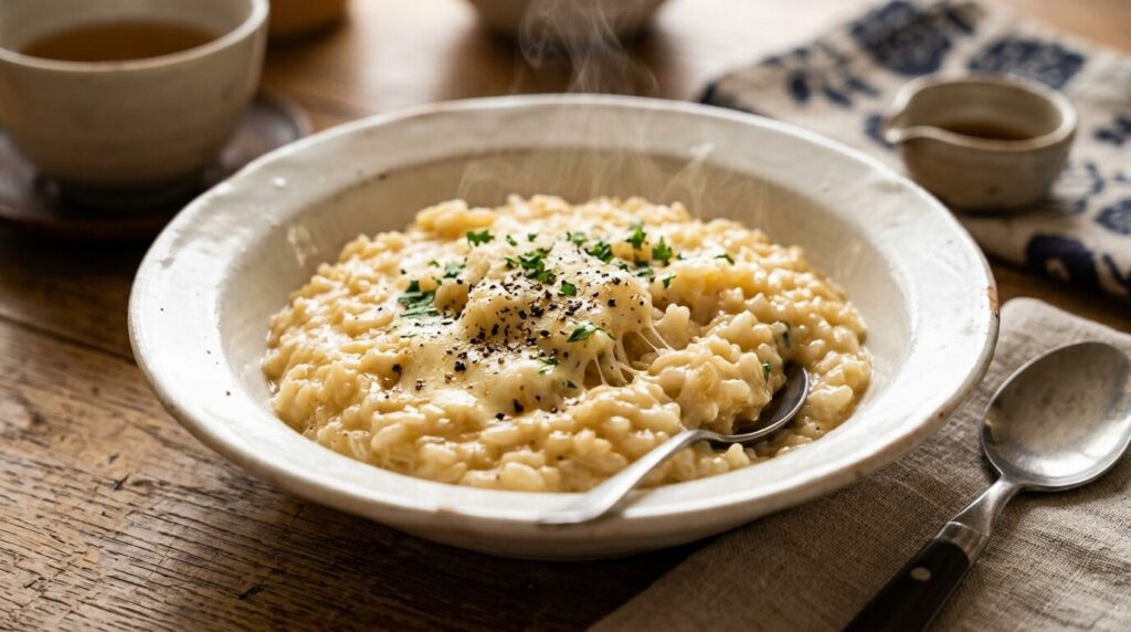 レンジご飯で作った濃厚チーズリゾットの美味しそうな盛り付け