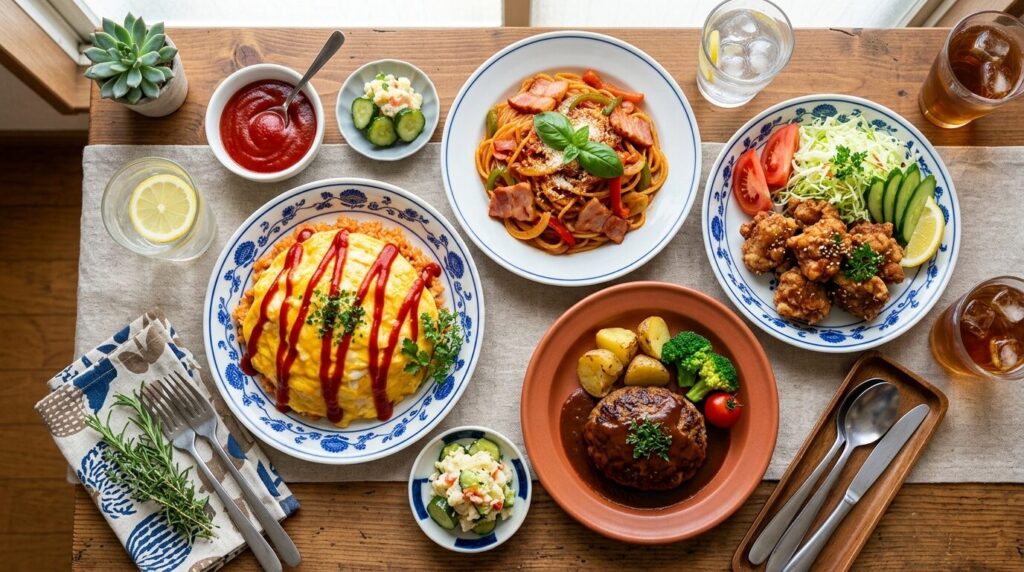 オムライス・パスタ・フライドチキン・ハンバーガーなどケチャップを使った和洋折衷料理の美しいフラットレイ写真
