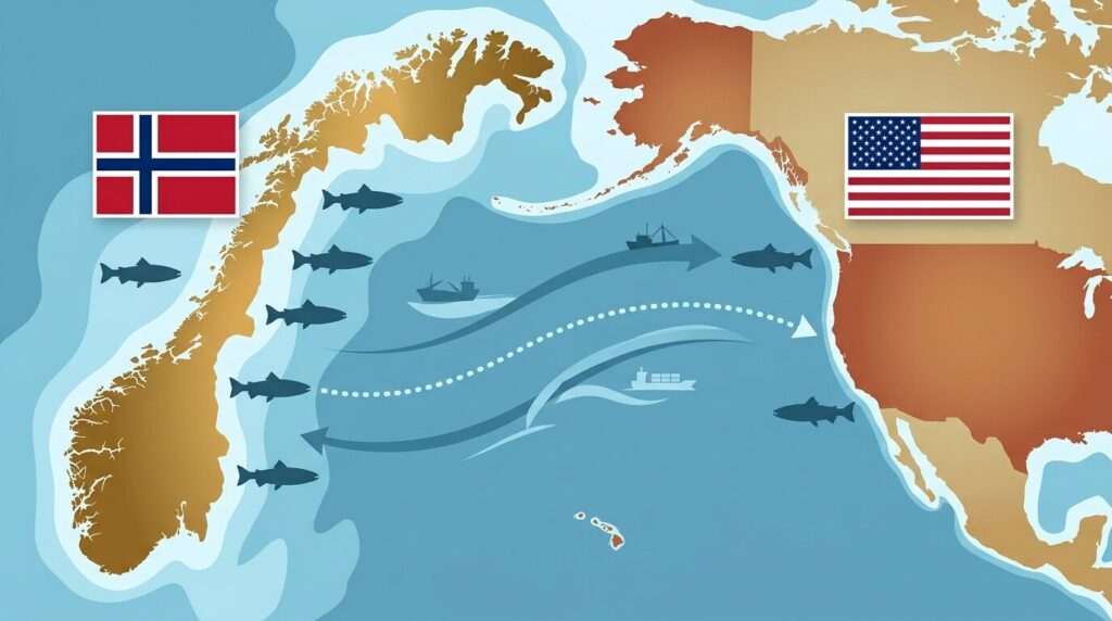 ノルウェーとアメリカの国旗とアトランティックサーモンの産地を示す比較イメージ