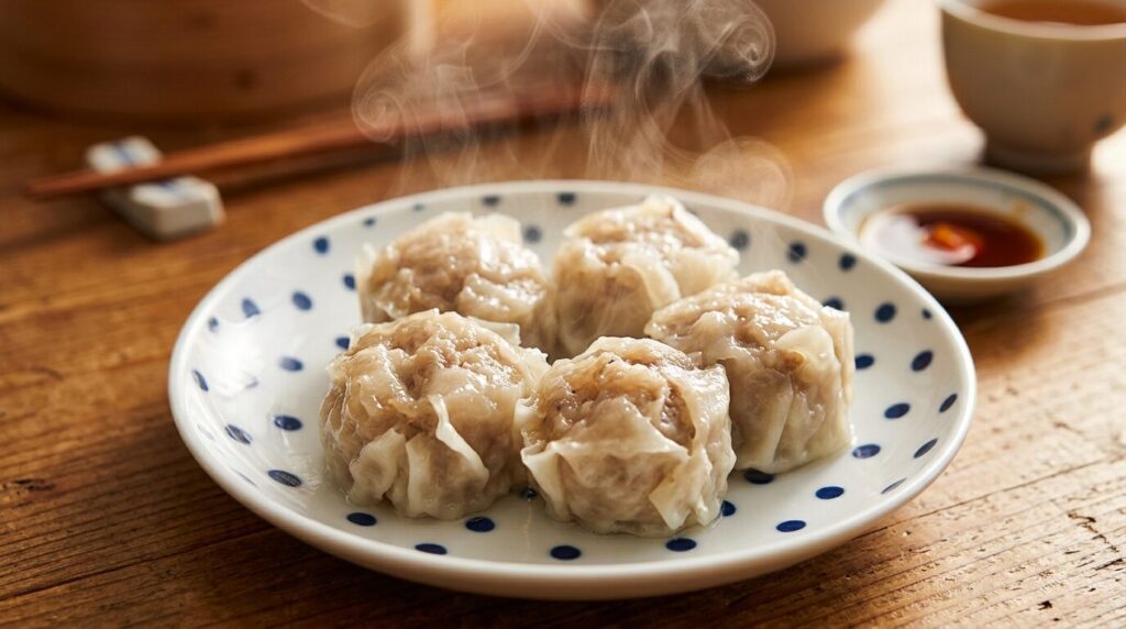 青い水玉模様の白い皿に盛られた焼売の詳細クローズアップ、半透明の皮から透ける豚肉の具材