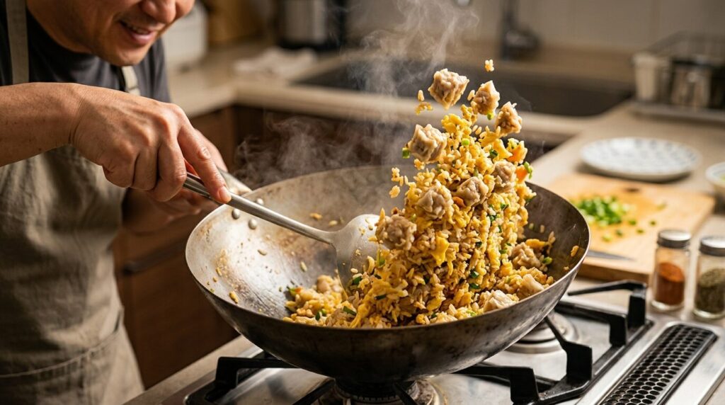 焼売を刻んでチャーハンの具材にしたアレンジ料理、中華鍋で炒める調理シーン