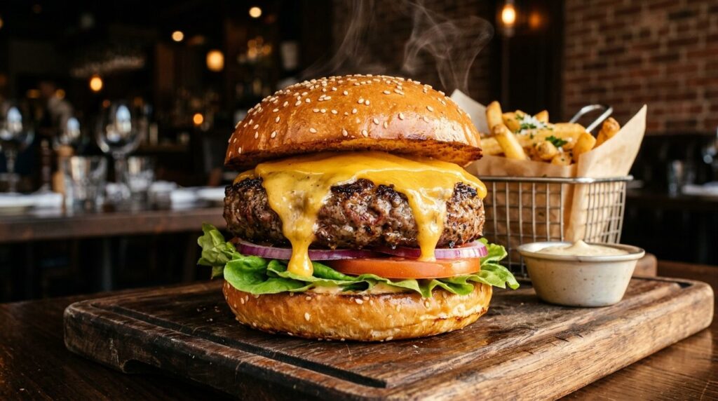 とろけるチェダーチーズをのせたジューシーなハンバーグ、湯気が立ち上る