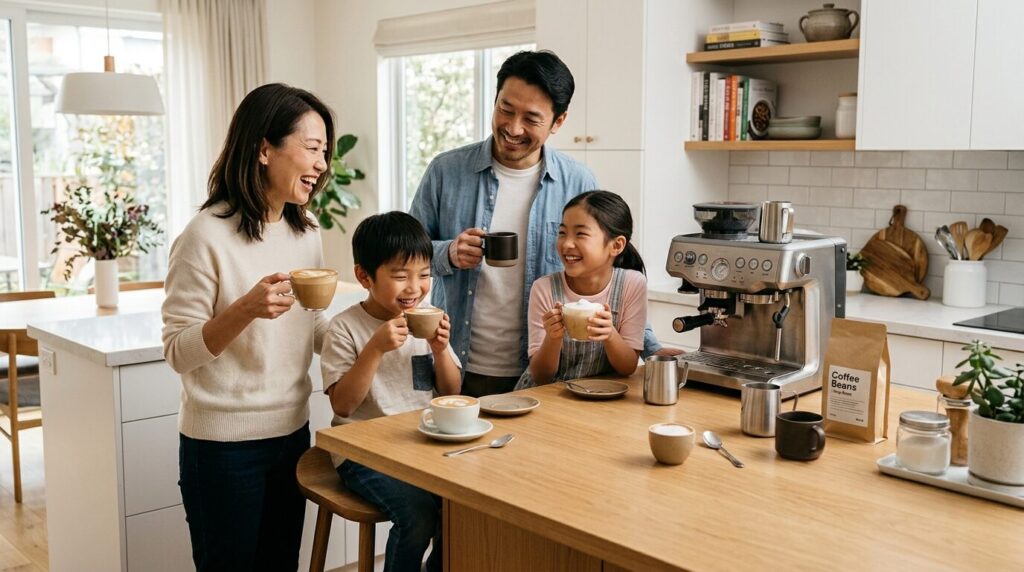 コーヒーメーカーで団らんする日本人家族