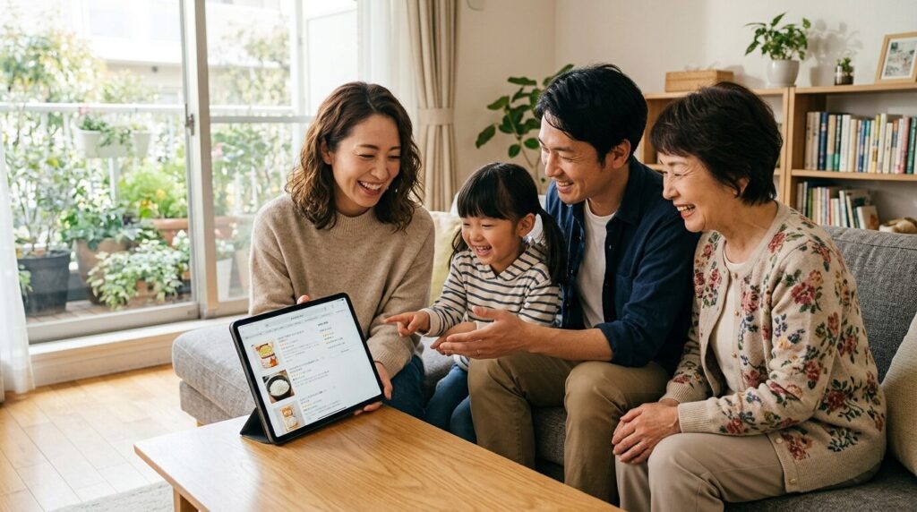 タブレットでレンジご飯の口コミを確認する日本人家族