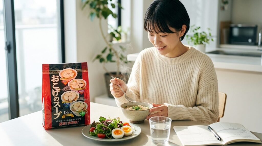 おこげスープを中心としたバランスの良い食事、サラダとゆで卵を添えたダイエット向け健康的な食卓風景、テーブルに赤いパッケージ
