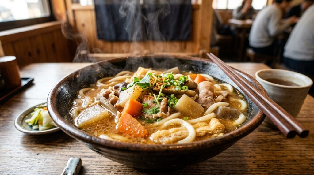 太麺うどんと具だくさん豚汁が合わさった豚汁うどん丼、湯気が立ち上る温かい一品