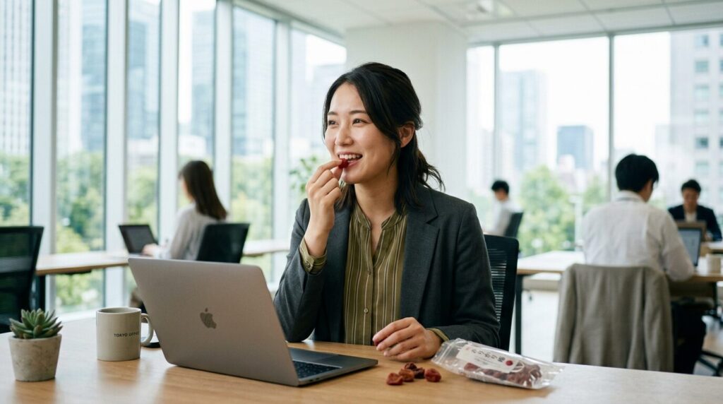 オフィスでカリカリ梅を間食として楽しむ日本人女性のライフスタイル写真