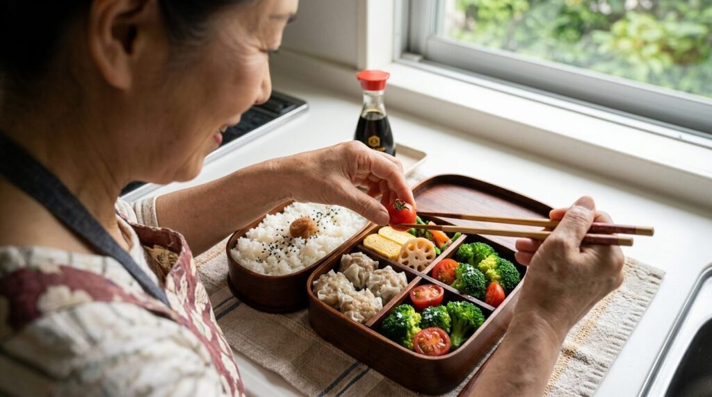 焼売をメインおかずにした日本のお弁当、ブロッコリーやミニトマトを添えた彩り豊かな詰め方