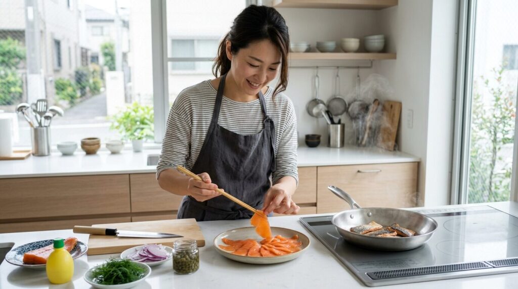 日本の家庭でラップと保存容器を使って食品を適切に保存する様子