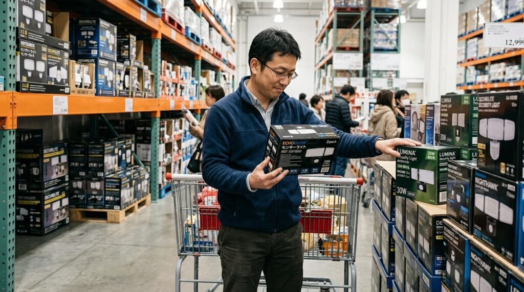 コストコの倉庫店でセンサーライト製品を比較検討する日本人の買い物客
