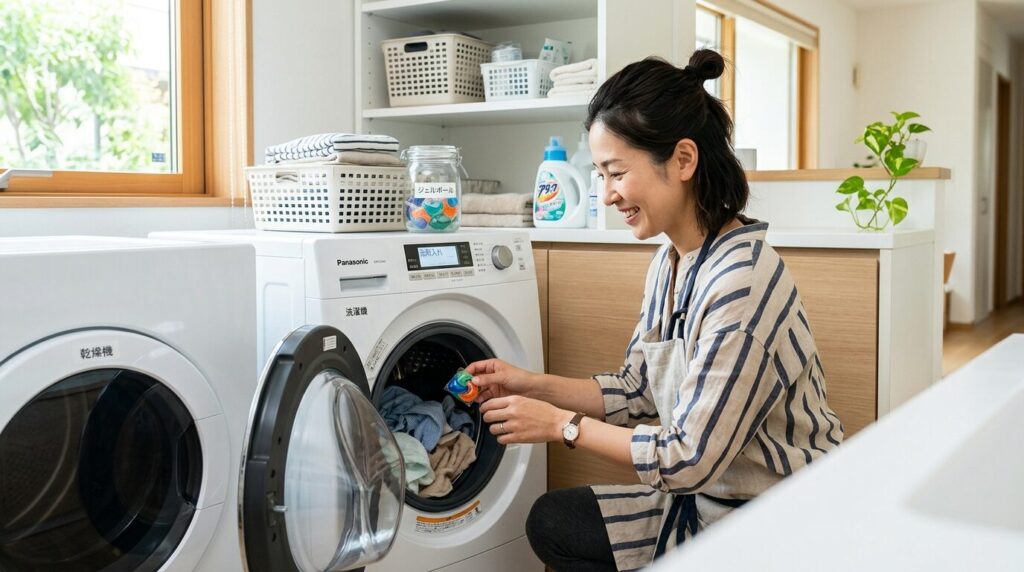 洗濯機にジェルボールを入れるアジア人女性の日常洗濯シーン