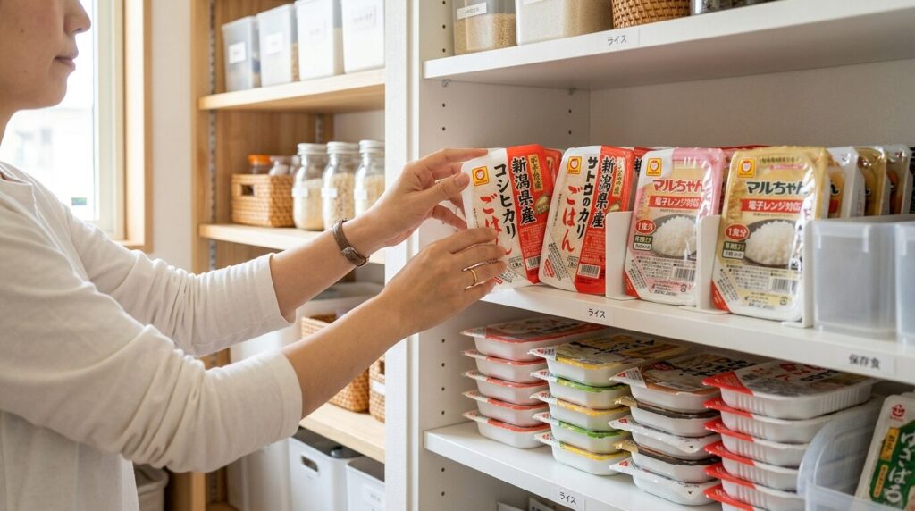 パントリーに整理整頓されたレンジご飯パック製品

