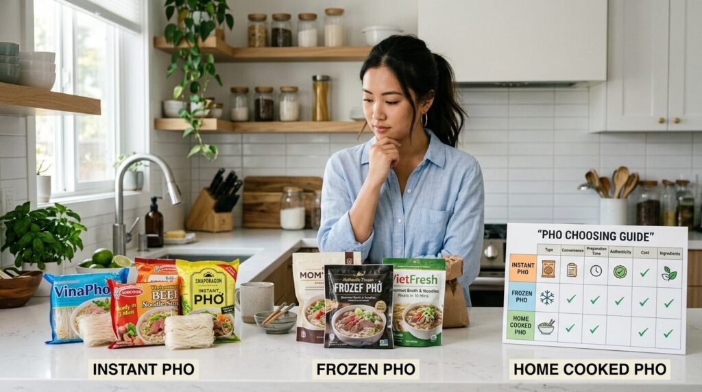 インスタント、冷凍、比較チャートの3種類のフォー商品から選択する女性