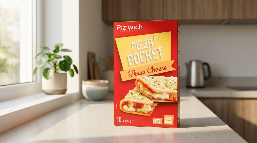 窓辺のキッチンカウンターに置かれたPiz'wich赤色パッケージ、観葉植物と自然光で温かい家庭的雰囲気