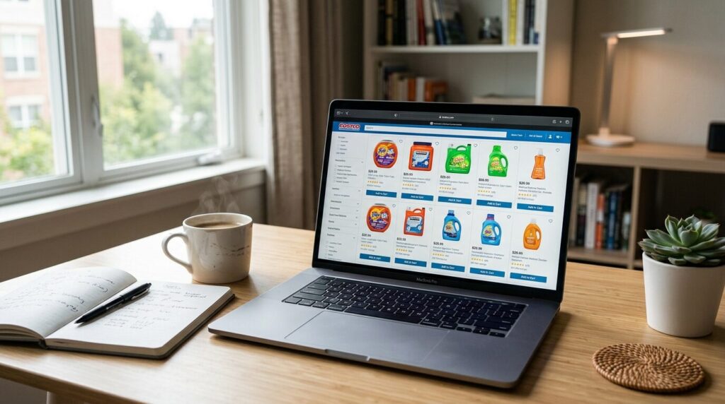 コストコ商品をオンラインで比較検討するノートパソコンと買い物メモ