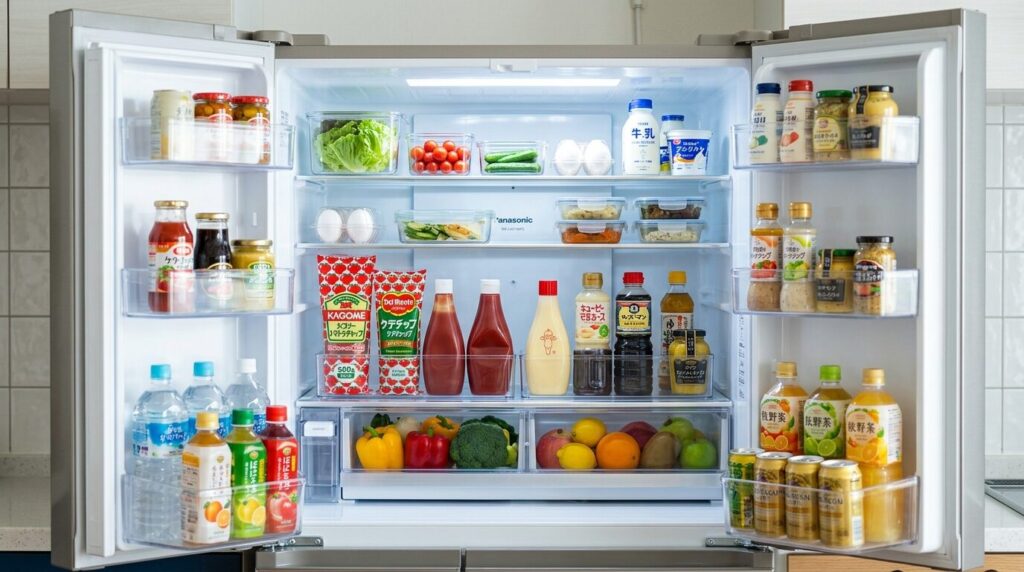 冷蔵庫の中に整理整頓されたケチャップボトルと調味料、正しい保存方法を示す画像