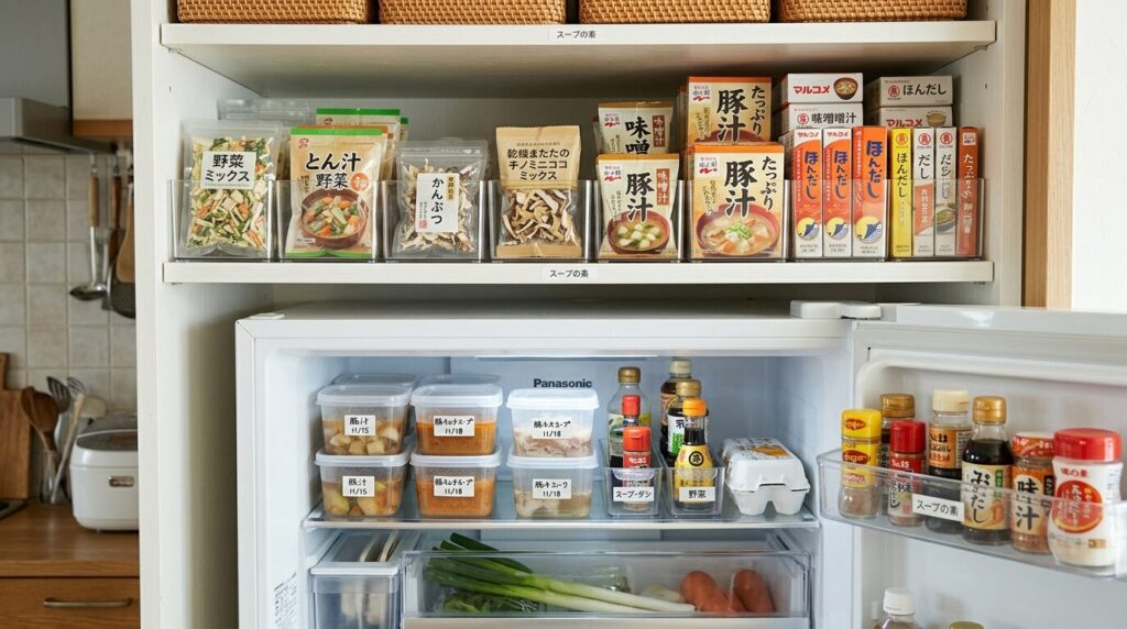 整理された日本のキッチン収納、常温保存と冷蔵保存の豚汁商品が分けて収納された様子