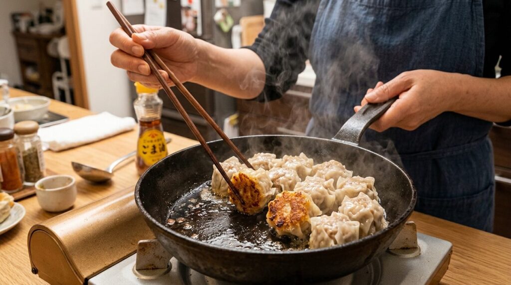 フライパンでごま油を使い焼売を揚げ焼きにする調理シーン、底面がカリッと焼けた香ばしい仕上がり