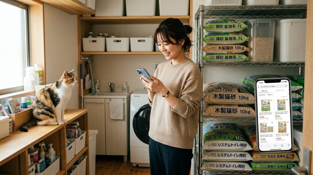スマートフォンで猫砂価格を比較する日本人と整理された猫砂収納棚と日本猫