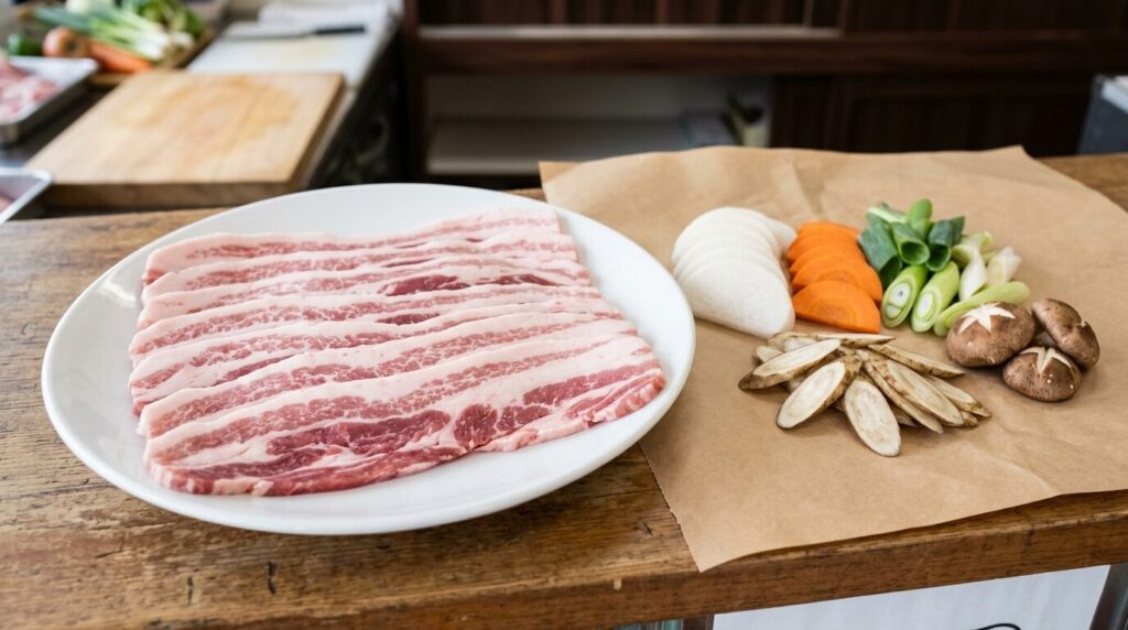 霜降りが美しい豚バラ肉スライス、豚汁用の高品質な肉の盛り付け