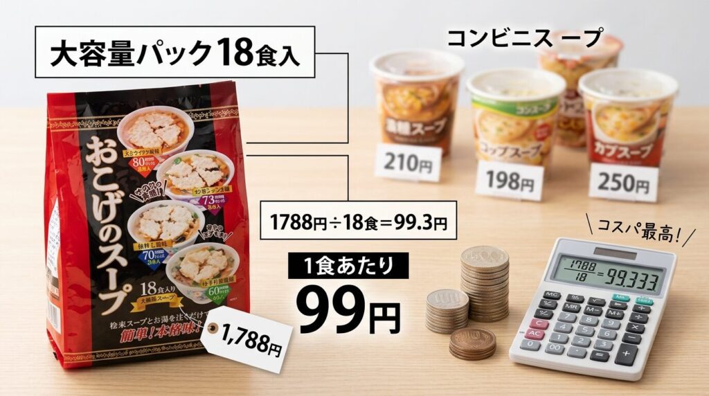 コストコおこげスープの価格1,788円、1食あたり99円のコストパフォーマンスを示す赤いパッケージと電卓の写真