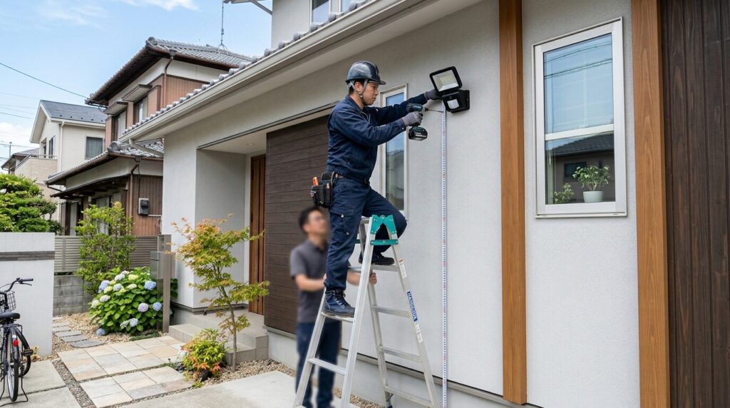 センサーライトの最適な設置高さ2-3メートルを測定しながら日本の住宅外壁に取り付ける作業風景