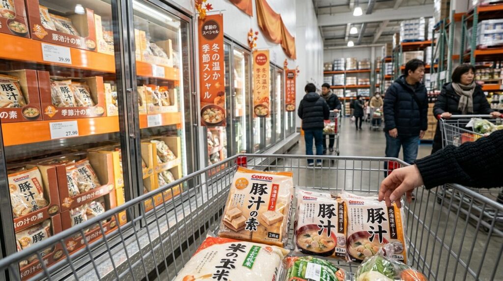 コストコ店内でカートに豚汁商品を入れる買い物風景、秋冬の季節商品コーナー
