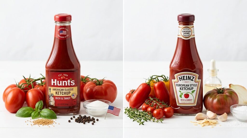 アメリカ製とオランダ製ケチャップの比較、2本のボトルと新鮮なトマトで原産地の違いを表現