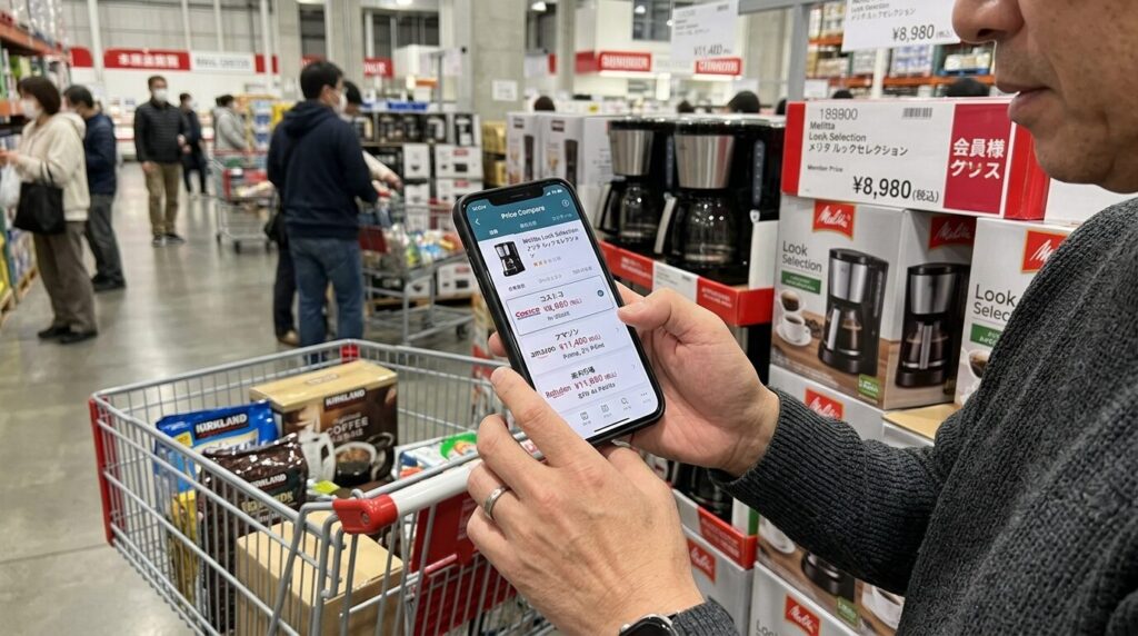 スマートフォンでコーヒーメーカーの価格比較をする様子