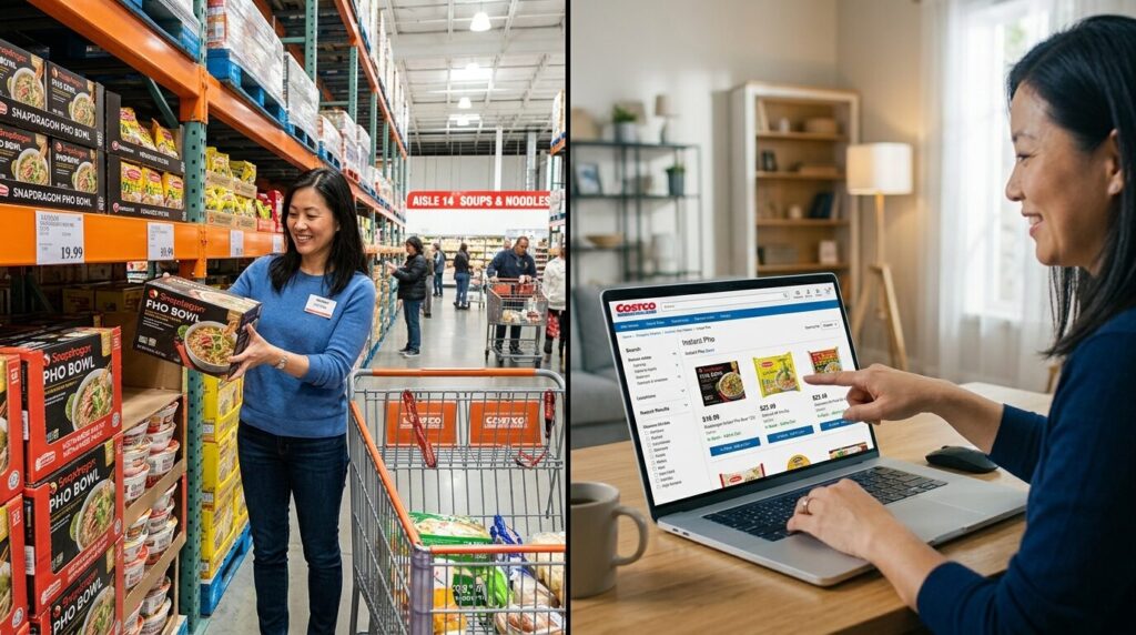 コストコ実店舗とオンラインストアでのフォー商品購入方法の比較画像