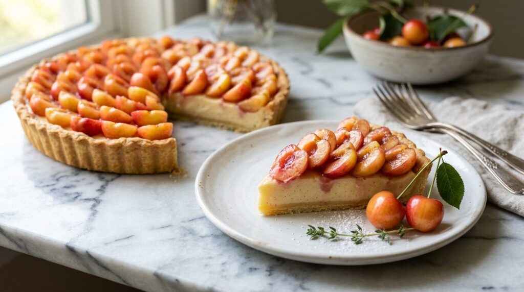 レイニアチェリーを使った豪華なタルトケーキ。カスタードクリームベースの上に半分にカットした果実が美しく並べられた高級デザートの写真。
