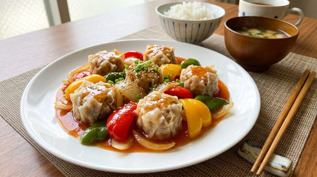 焼売を使った酢豚風アレンジ料理、ピーマンや玉ねぎと一緒に甘酢あんで絡めた中華風おかず