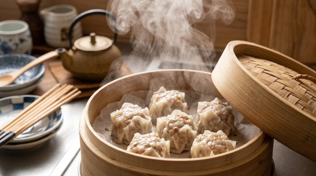 竹蒸籠で蒸している焼売、蓋を開けると湯気が立ち上る本格的な中華料理の調理方法