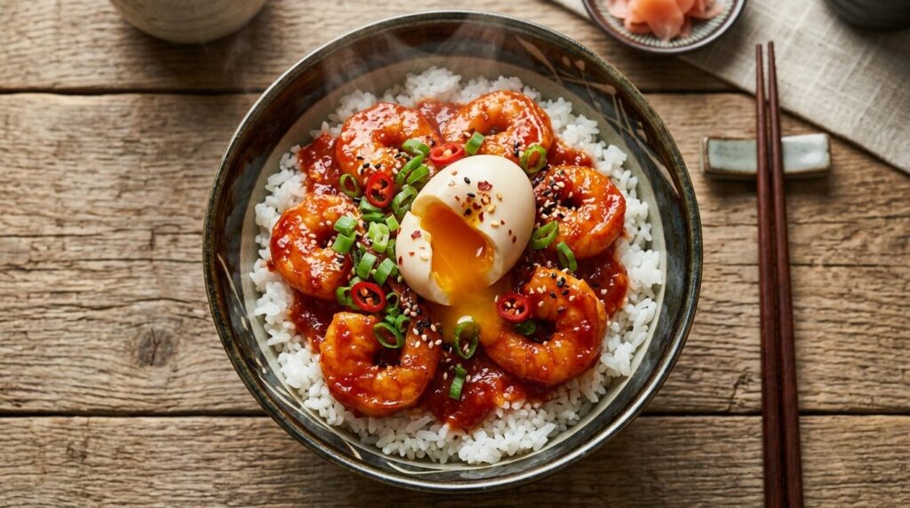 エビチリ丼、温かいご飯の上に半熟卵をトッピングしたアレンジレシピ