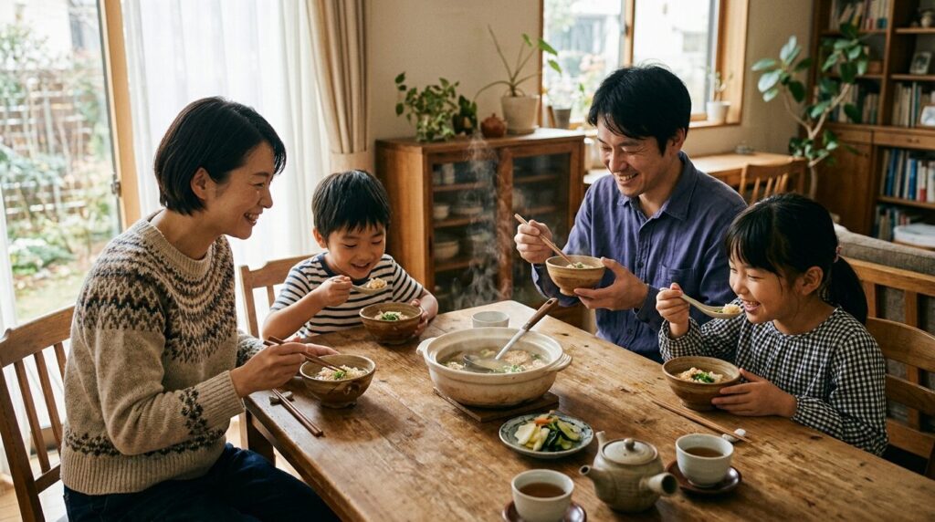 日本人家族がおこげスープを囲んで団らんする温かい食卓シーン、家族の絆を感じる日常風景
