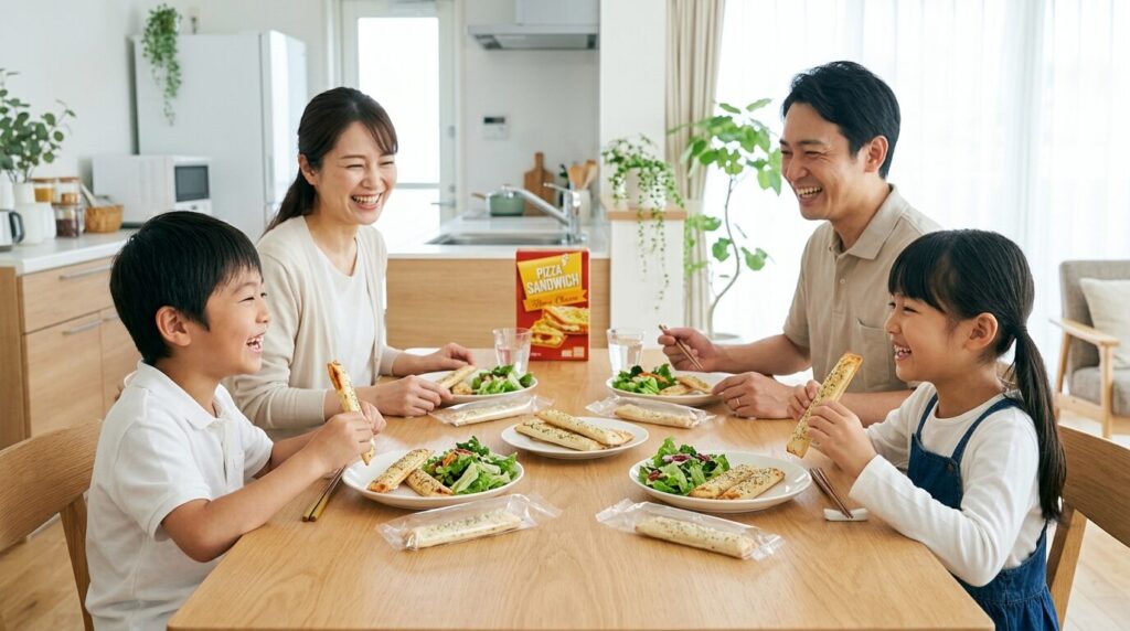 細長いピザポケットを笑顔で楽しむ日本人家族4人、明るいダイニングテーブルでサラダと一緒に食べる温かい家族の食事風景