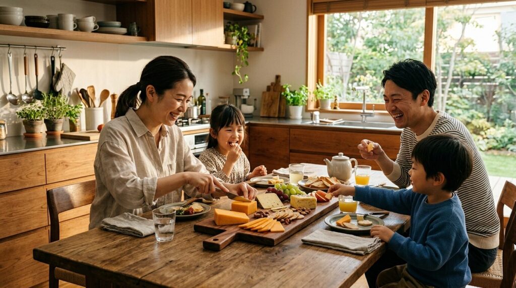 日本人家族が自宅でチェダーチーズを楽しむ温かいシーン