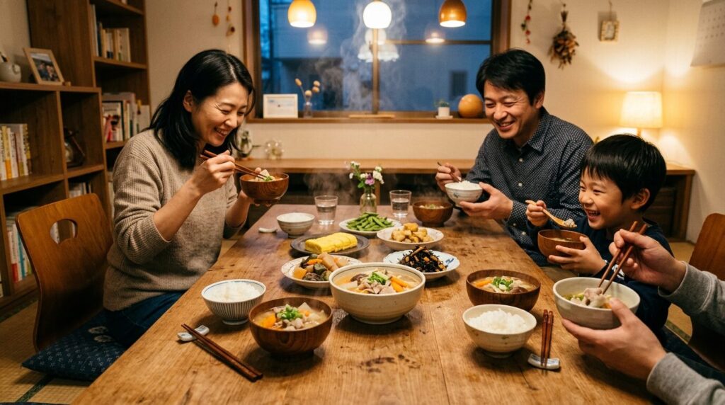 家族で囲む豚汁の食卓、湯気立つ豚汁丼とご飯が並ぶ温かい家庭の夕食シーン