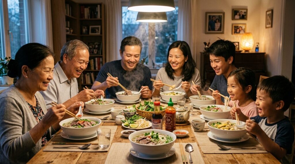 家族で囲む食卓で湯気の立つベトナムフォーを楽しむ温かな団らんの様子