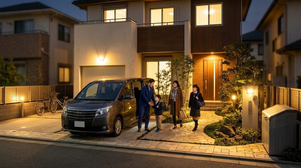 センサーライトで安全に照らされた夜の日本の住宅に帰宅する家族の温かい情景