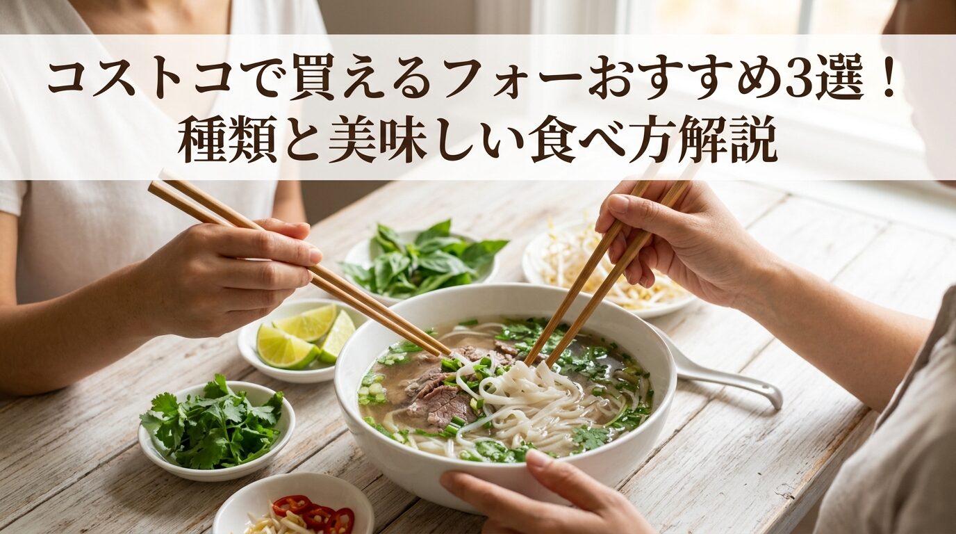 コストコで購入できるベトナムフォーの魅力的な盛り付け、湯気の立つスープと新鮮なハーブ